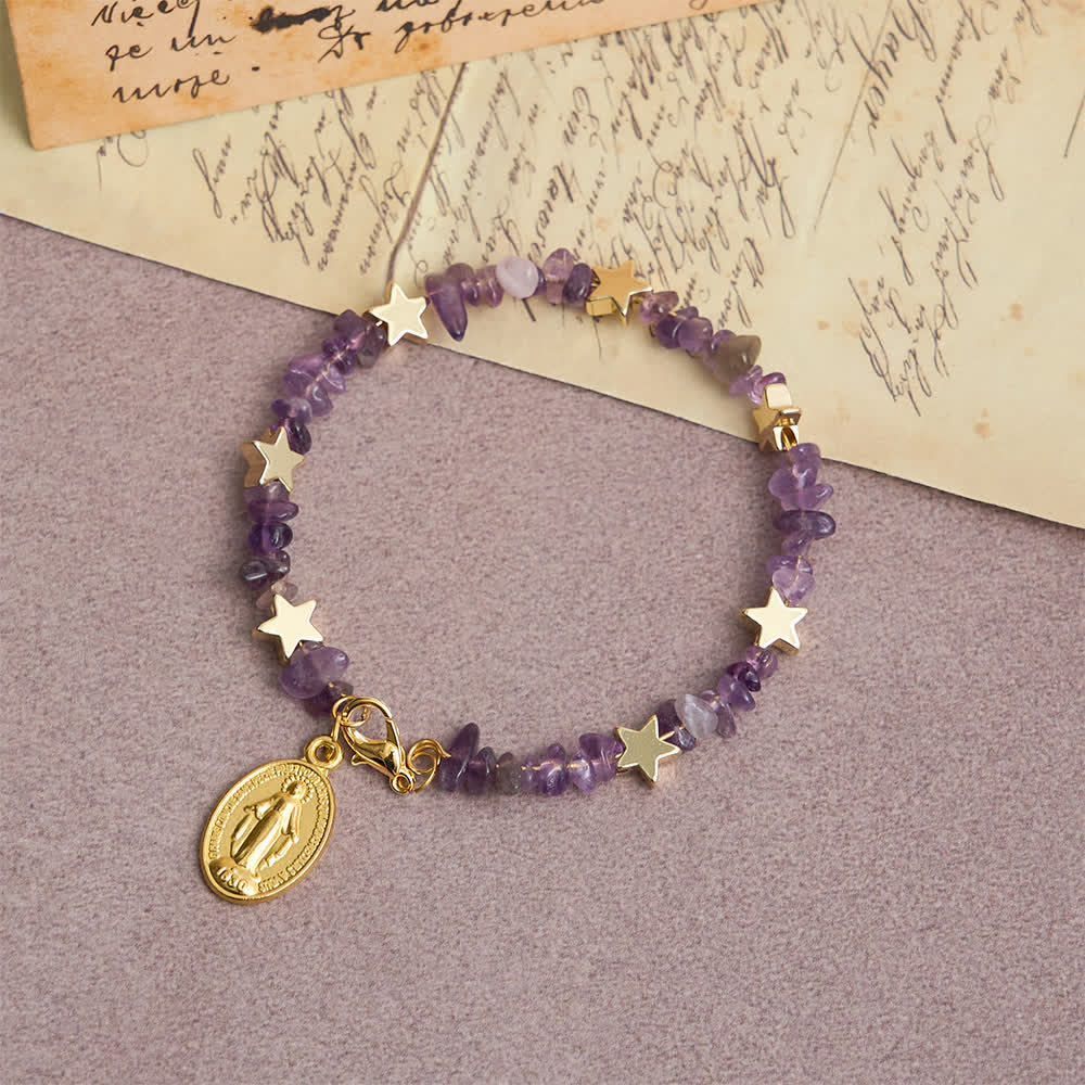 Natural Amethyst Chips Memory Wire Rosary Bracelet with Our Lady Medal