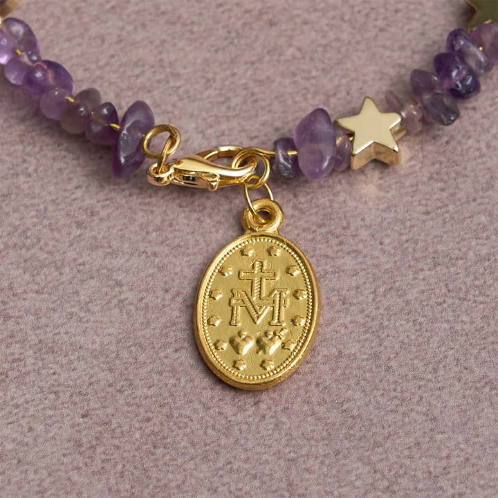 Natural Amethyst Chips Memory Wire Rosary Bracelet with Our Lady Medal