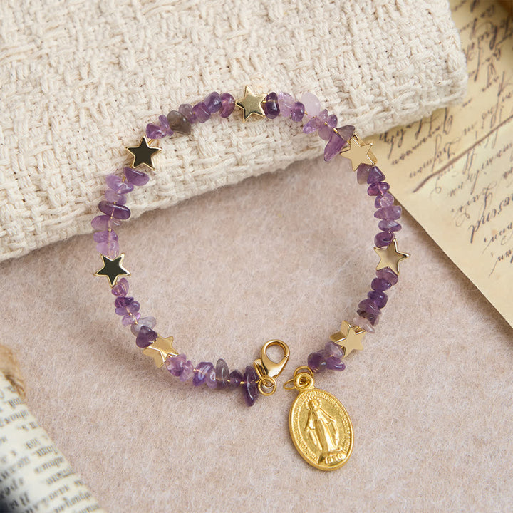 Natural Amethyst Chips Memory Wire Rosary Bracelet with Our Lady Medal