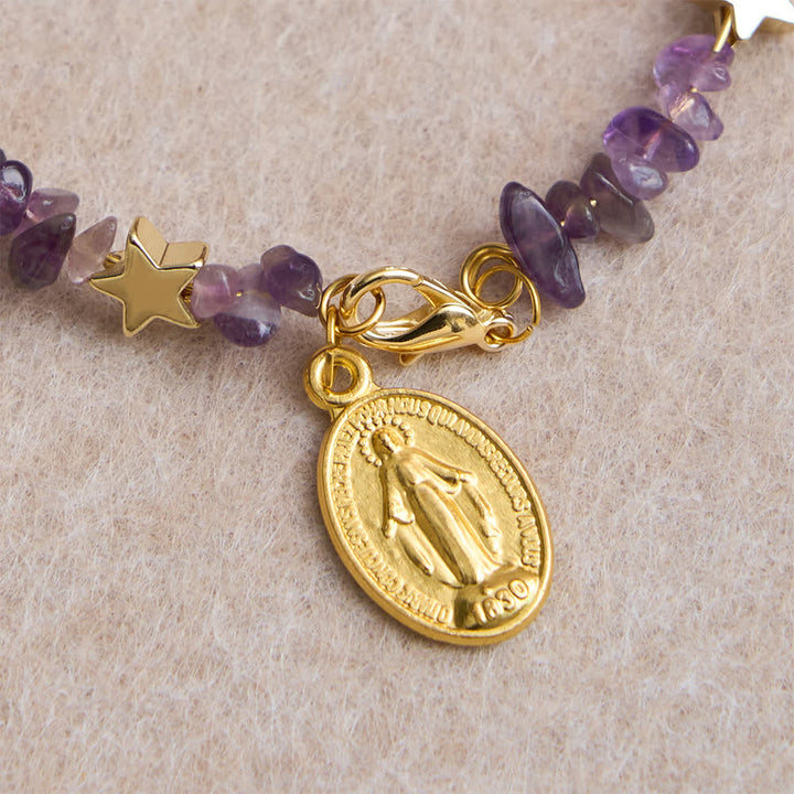 Natural Amethyst Chips Memory Wire Rosary Bracelet with Our Lady Medal