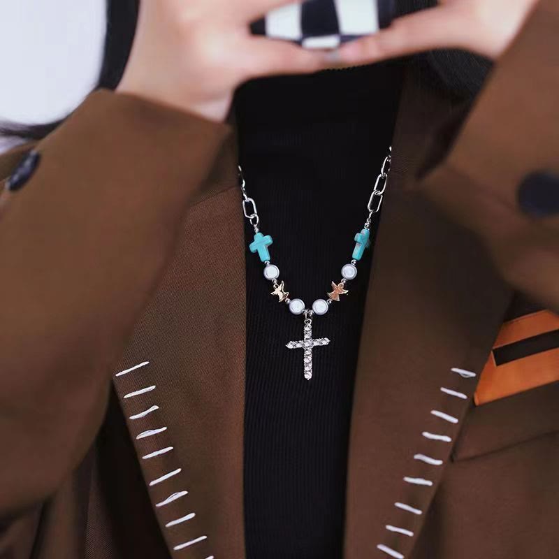 Hand-Crafted Turquoise Zircon Cross Titanium Bracelet/Necklace