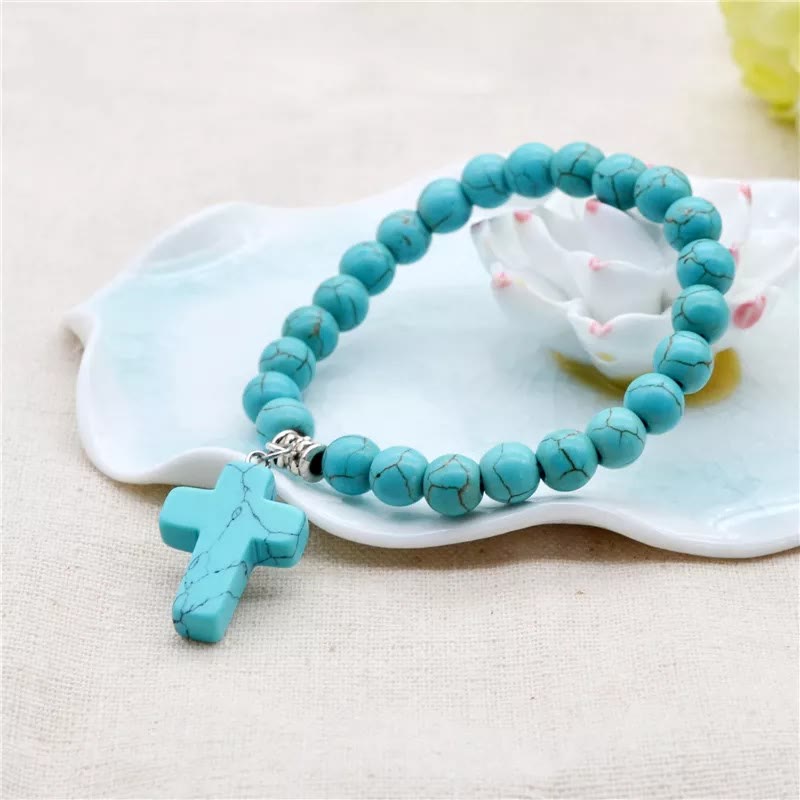 Matte Frosted Turquoise Beads Crucifix Bracelet