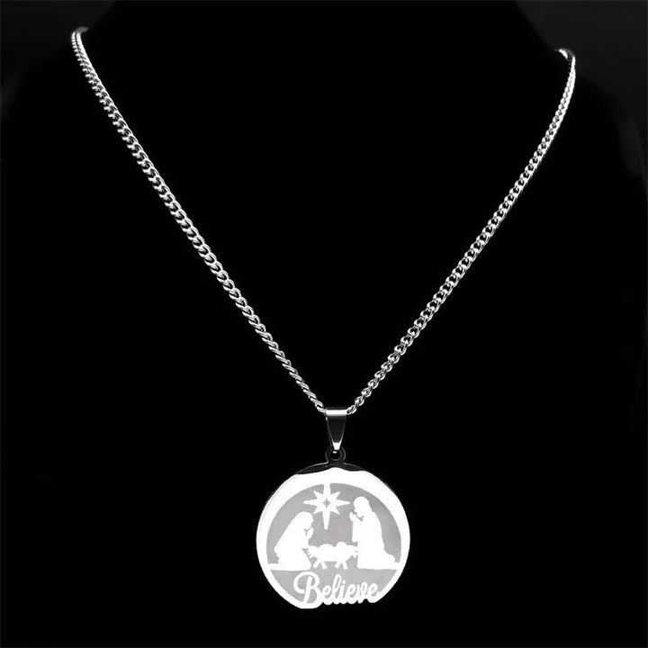 Silver Nativity Believe Christmas Gift Necklace