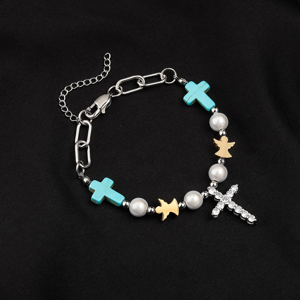 Hand-Crafted Turquoise Zircon Cross Titanium Bracelet/Necklace