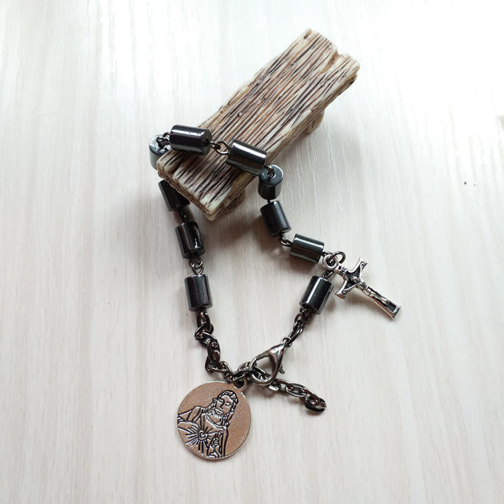 Jesus Sacred Heart & Crucifix Hematite Simplicity Bracelet