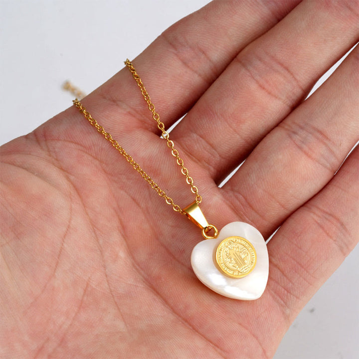 St. Benedict Medal Heart Shell Necklace