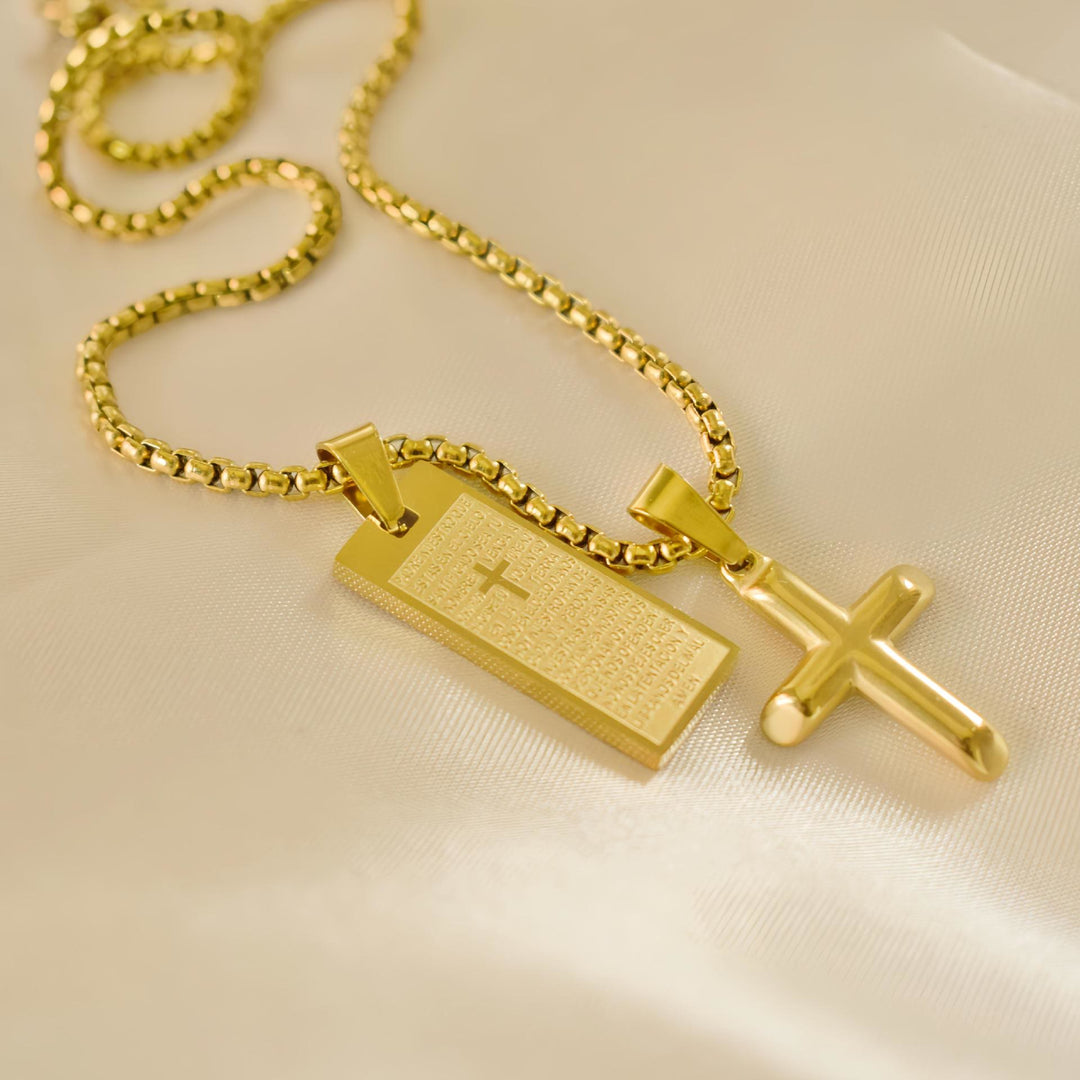 Classic Style Bible Prayer Scripture Madal Cross Golden Necklace