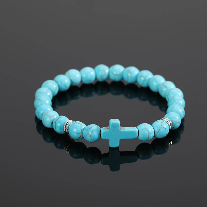 Turquoise Round Bead Cross String Bracelet Jewelry