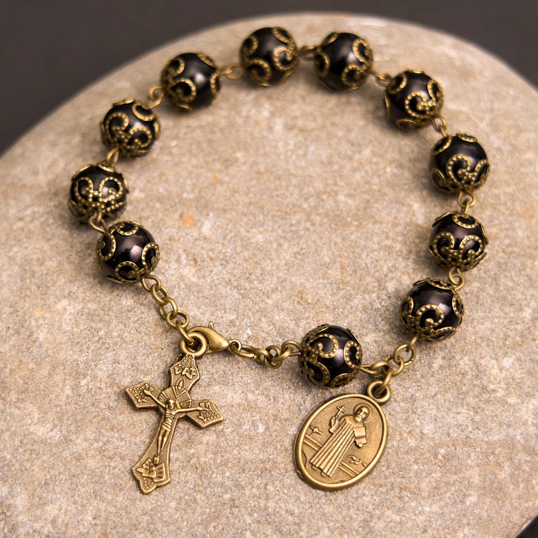 Crafted Retro Black St. Benedict Medal & Crucifix Rosary Bracelet