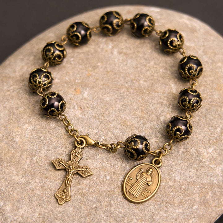 Crafted Retro Black St. Benedict Medal & Crucifix Rosary Bracelet