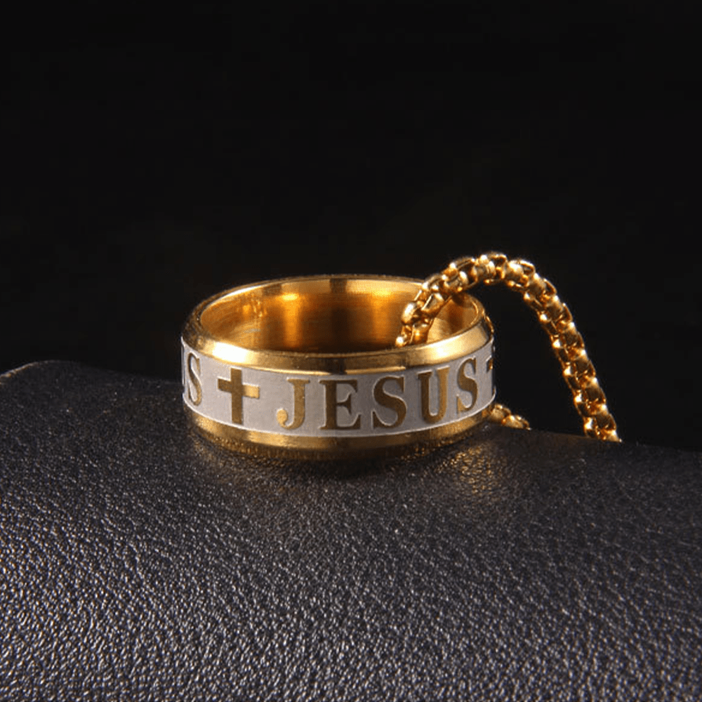 Combination Style Laser Engraving "JESUS" Ring & Chain Necklace