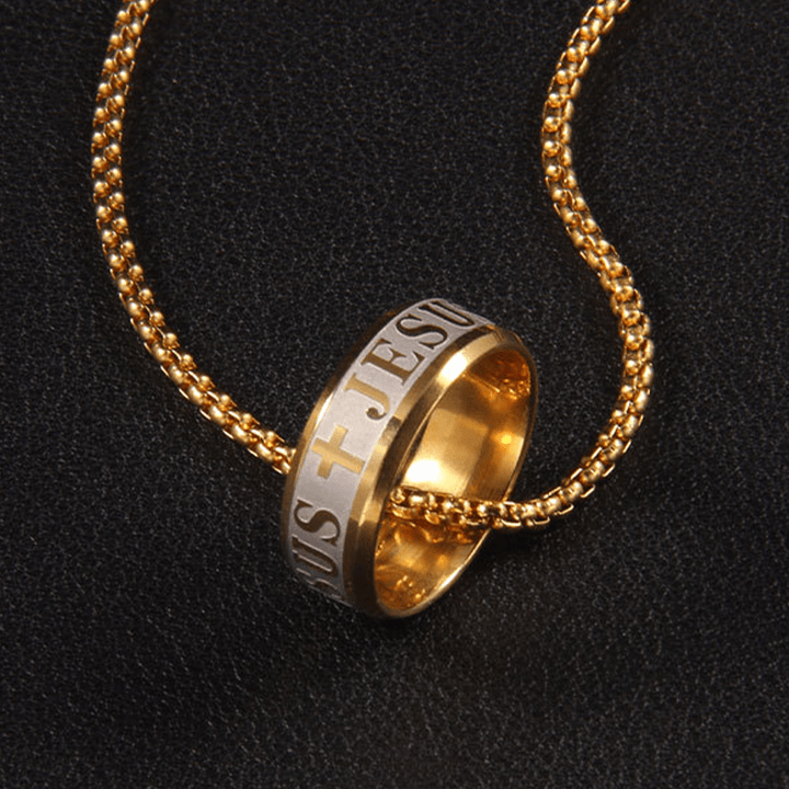 Combination Style Laser Engraving "JESUS" Ring & Chain Necklace