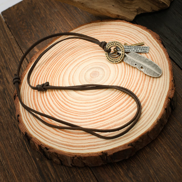 Feather Cross Pendant Leather Necklace