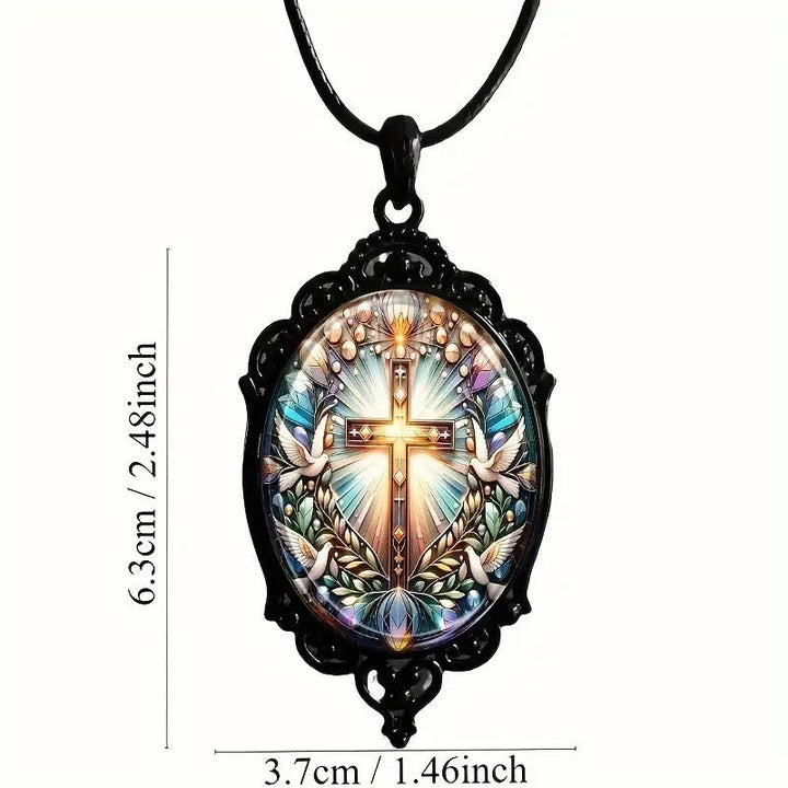 Retro Style Cross & Holy Dove Glass Pendant Necklace