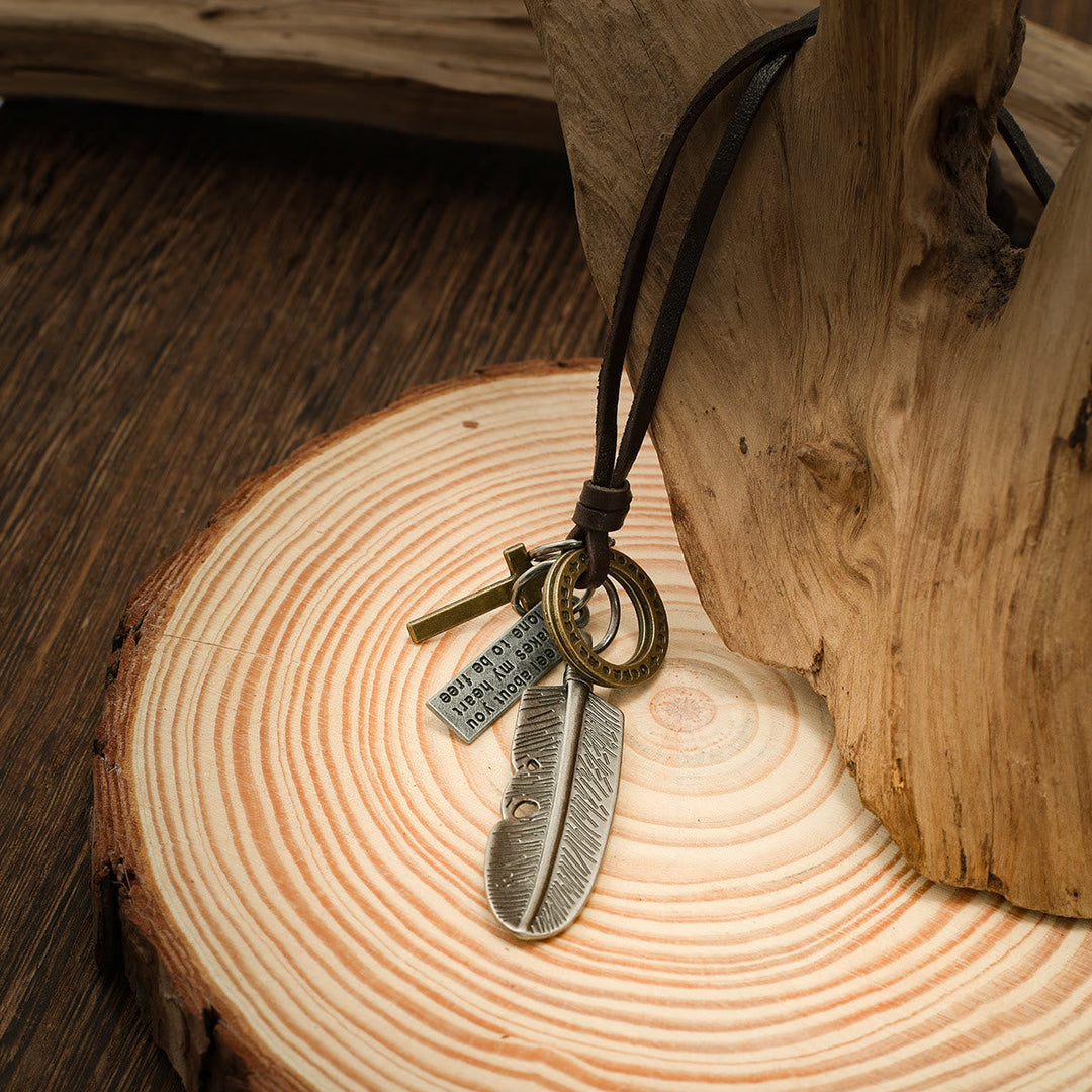 Feather Cross Pendant Leather Necklace