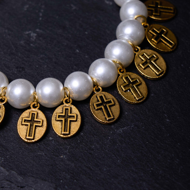 Retro Style Saint Jesus Mary Medals Cross Pearl Bracelet