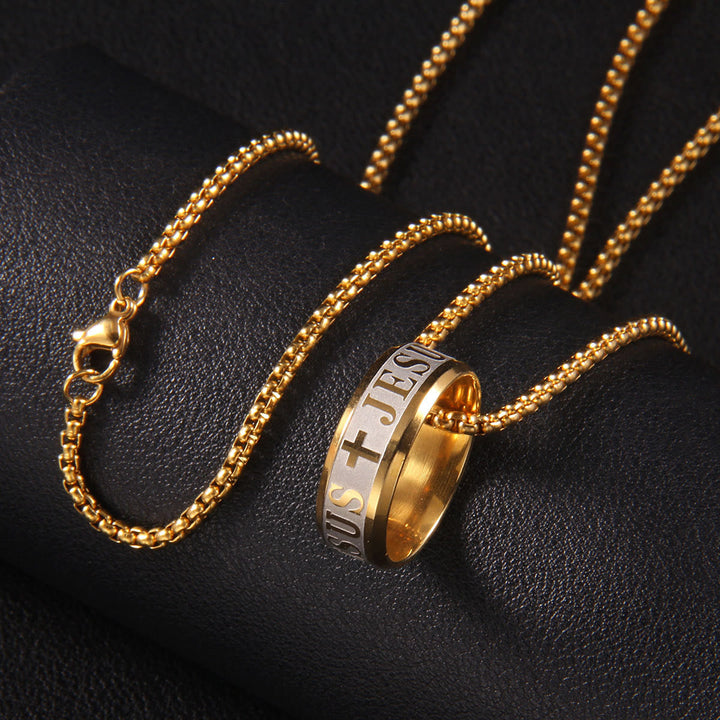 Combination Style Laser Engraving "JESUS" Ring & Chain Necklace