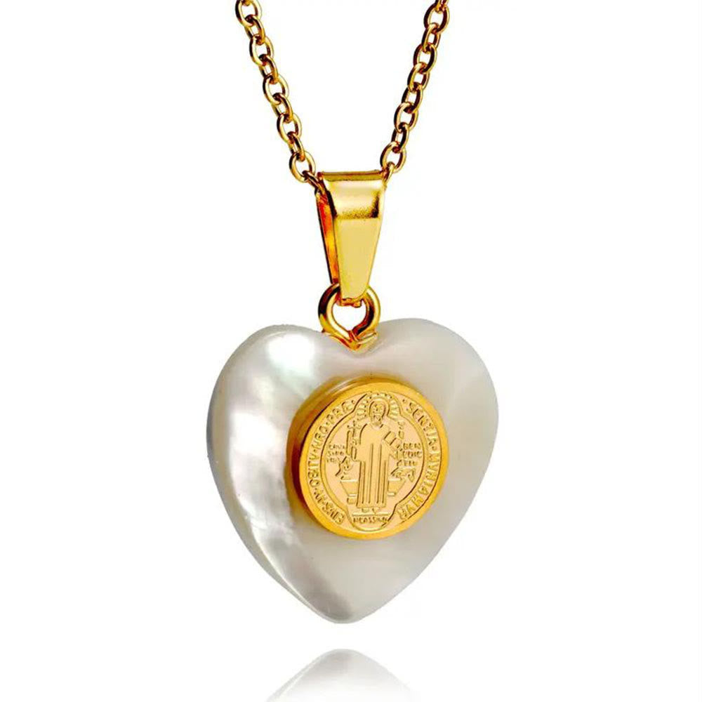 St. Benedict Medal Heart Shell Necklace