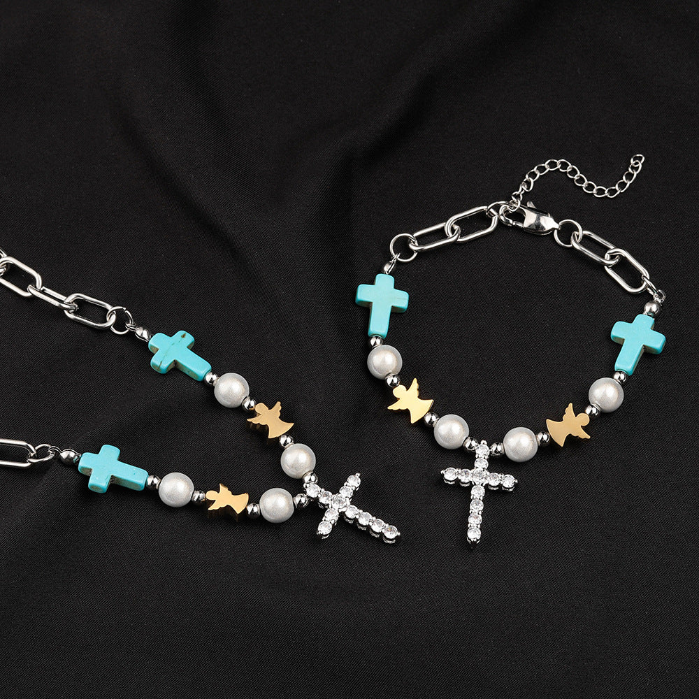 Hand-Crafted Turquoise Zircon Cross Titanium Bracelet/Necklace