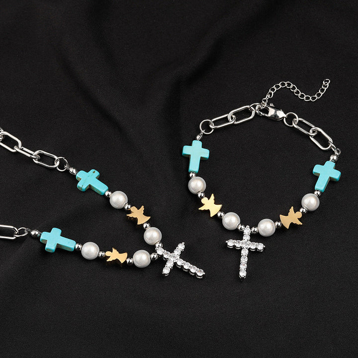 Hand-Crafted Turquoise Zircon Cross Titanium Bracelet/Necklace