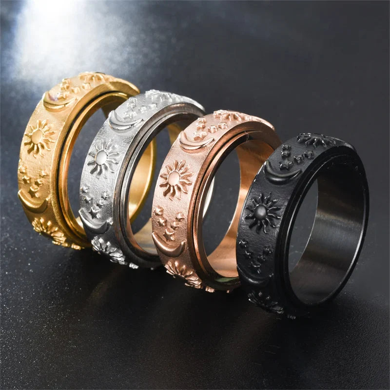 Black fidget ring black stainless steel spinner ring sun moon star