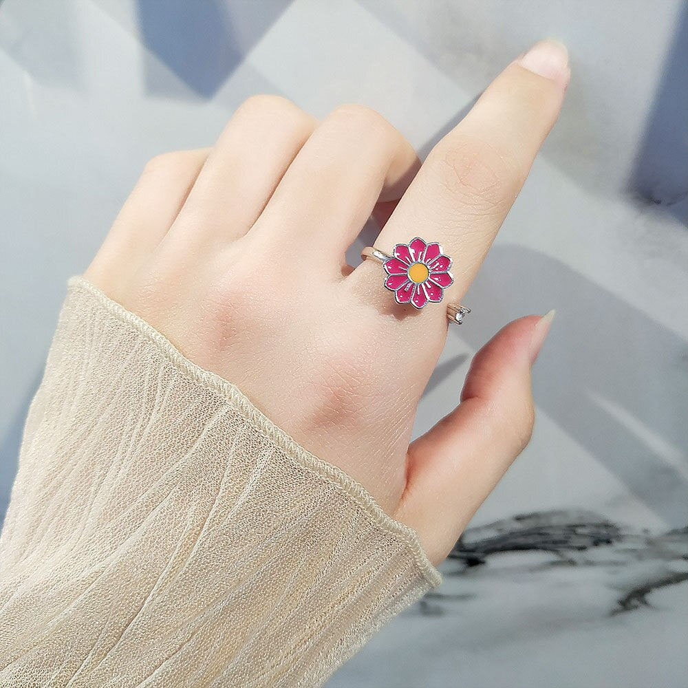 Spinner ring for anxiety pink and green daisy flower