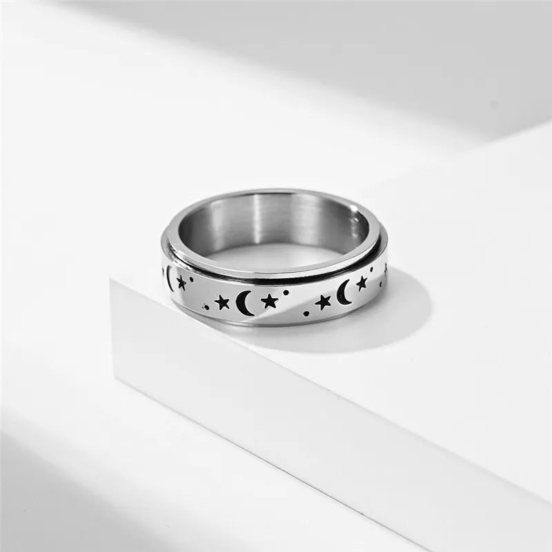 Moon and star anxiety ring stainless steel