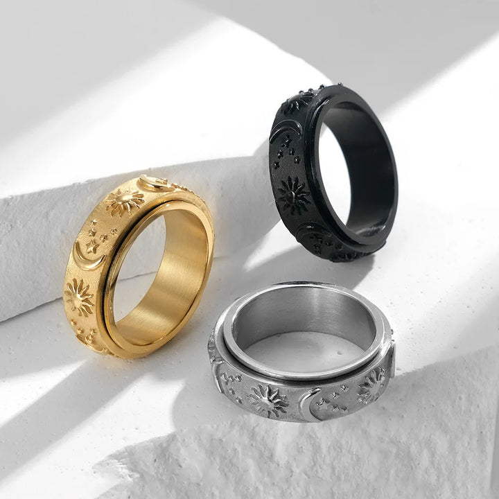 Black fidget ring black stainless steel spinner ring sun moon star