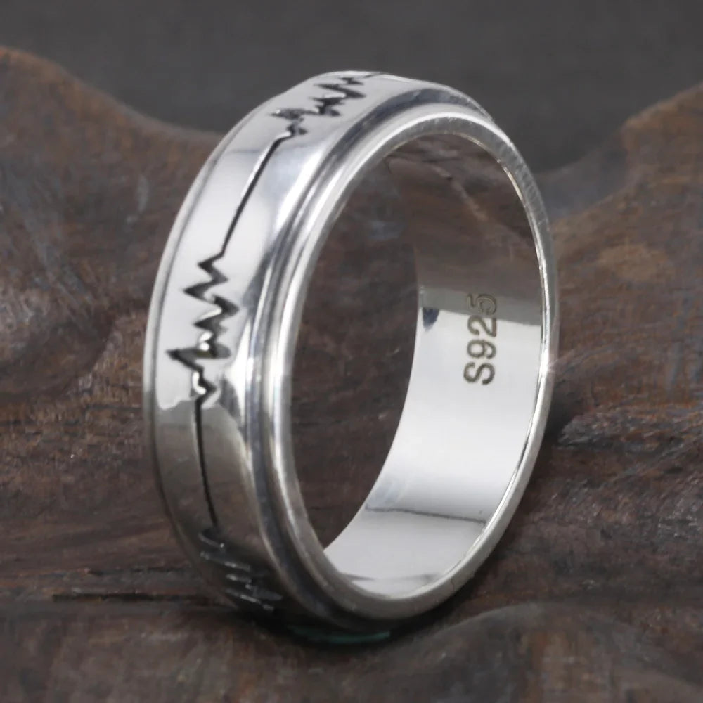 Spinning fidget ring heart beat pulse line sterling silver band