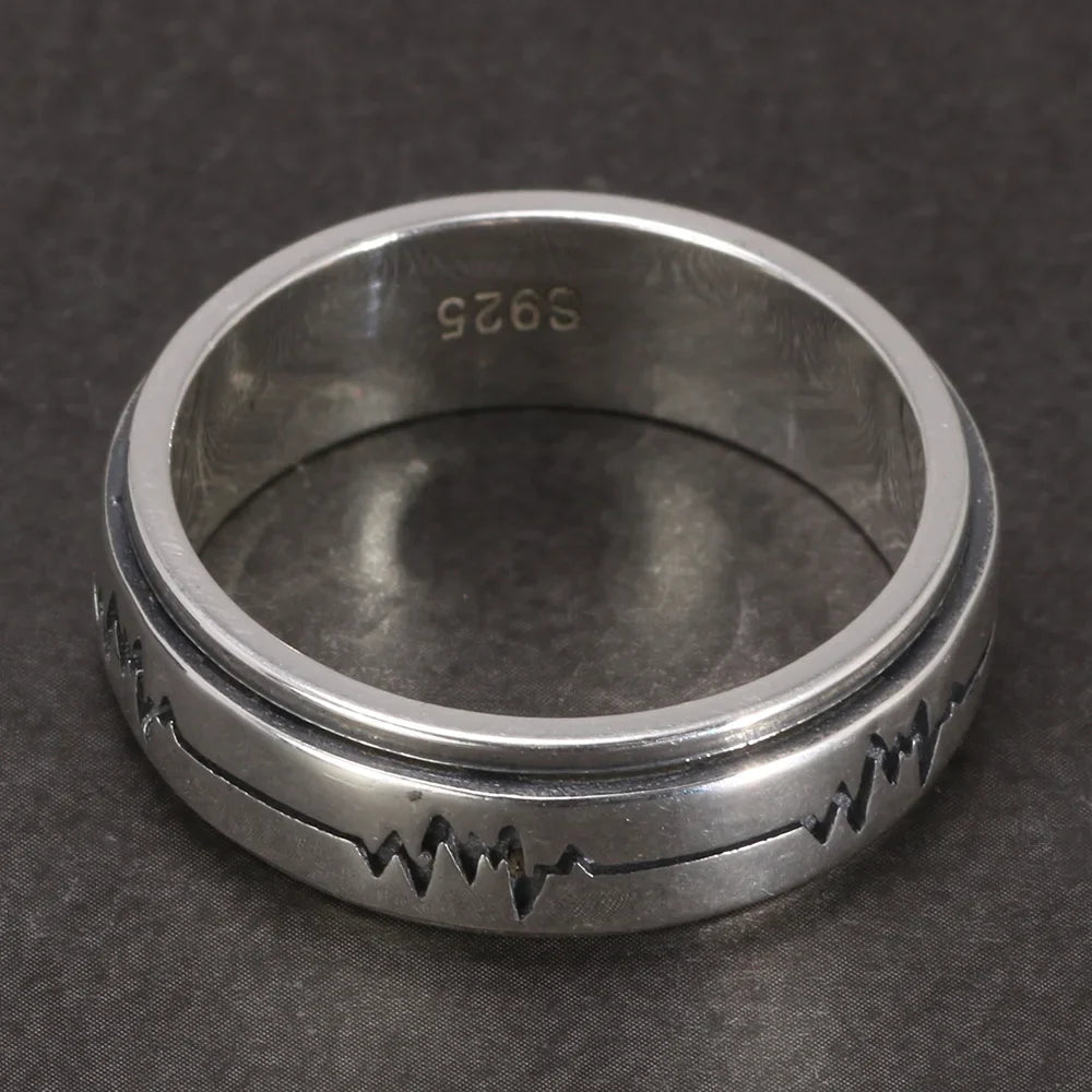 Spinning fidget ring heart beat pulse line sterling silver band