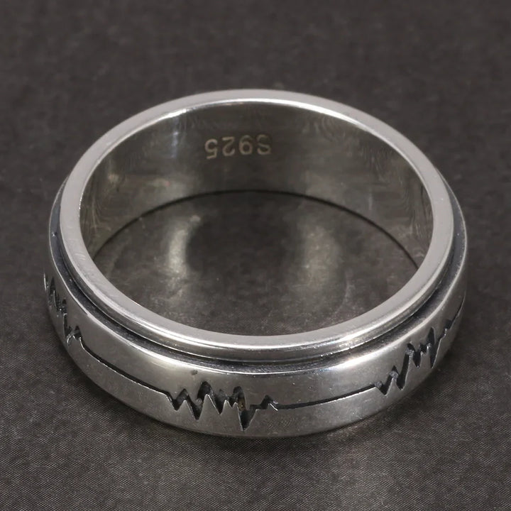 Spinning fidget ring heart beat pulse line sterling silver band