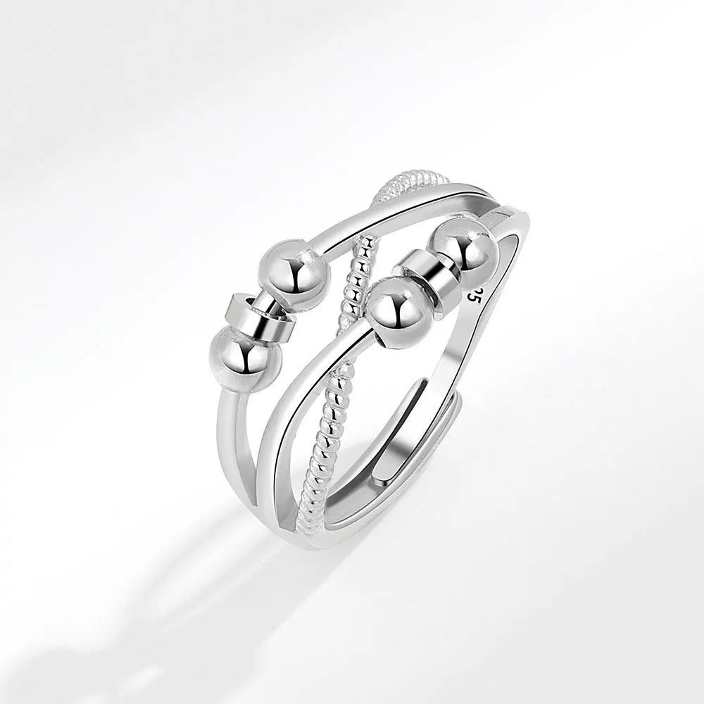 Silver fidget ring with beads 3 layered adjustable