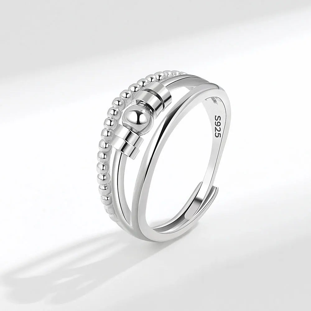Sterling silver fidget ring adjustable with beads 3 layers for women