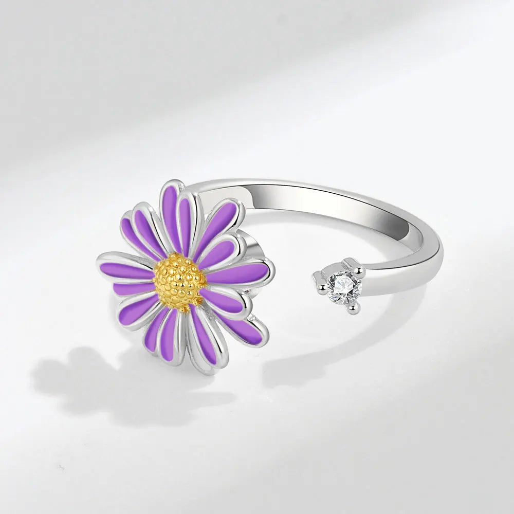Flower spinner ring white purple sterling silver anxiety ring