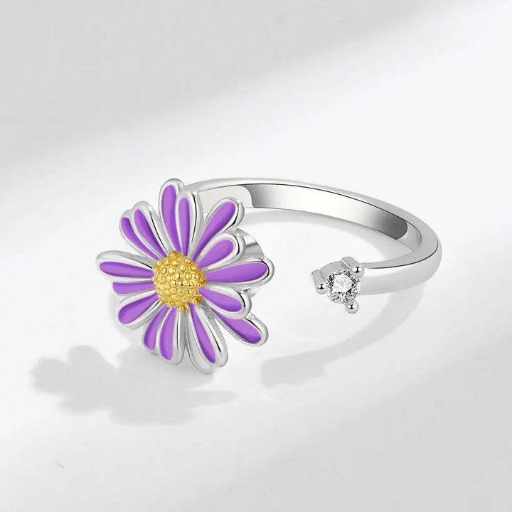 Flower spinner ring white purple sterling silver anxiety ring