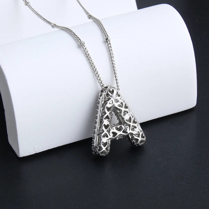 Bubble letter initial necklace set | White Gold