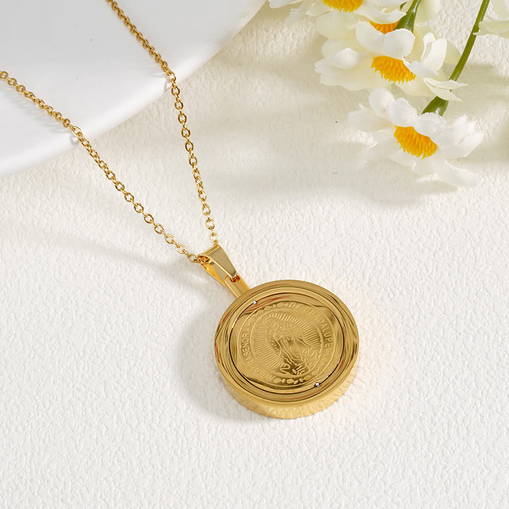 Gold Round Reversible Necklace: Our Lady and St. Benedict