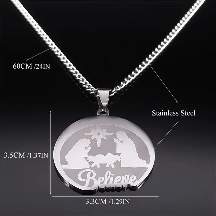 Silver Nativity Believe Christmas Gift Necklace