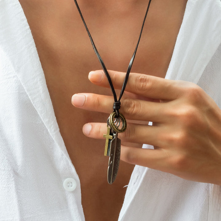 Feather Cross Pendant Leather Necklace