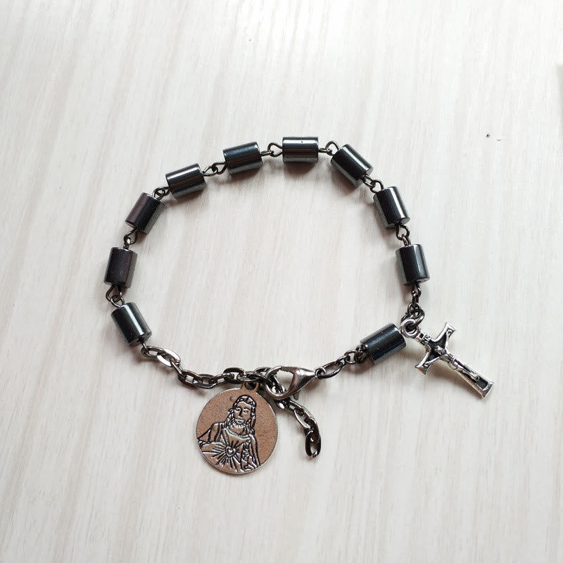 Jesus Sacred Heart & Crucifix Hematite Simplicity Bracelet
