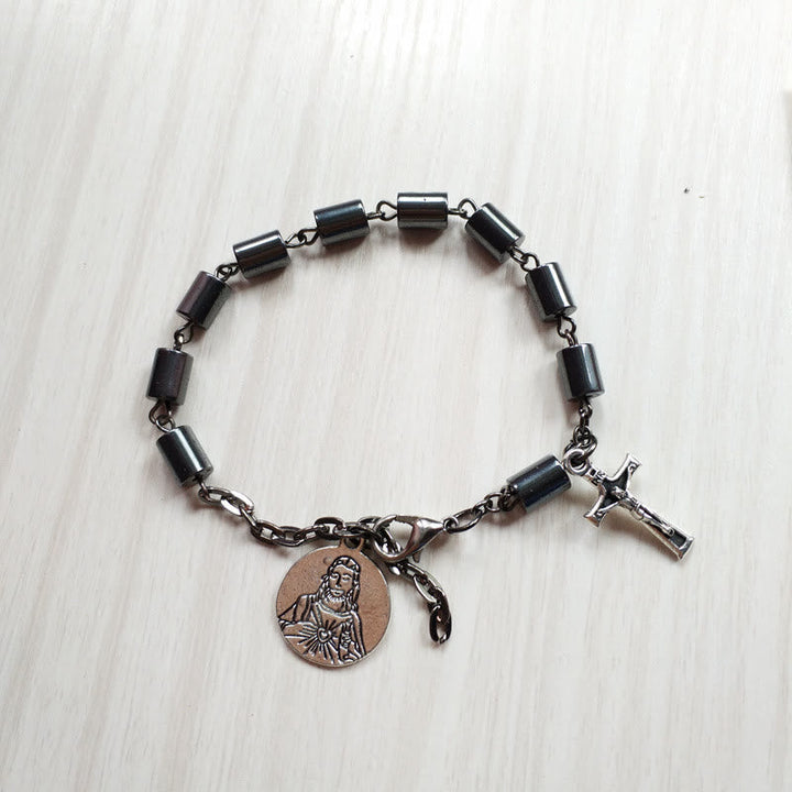 Jesus Sacred Heart & Crucifix Hematite Simplicity Bracelet
