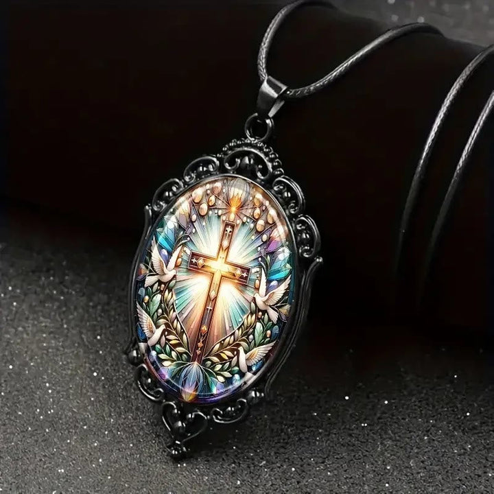 Retro Style Cross & Holy Dove Glass Pendant Necklace