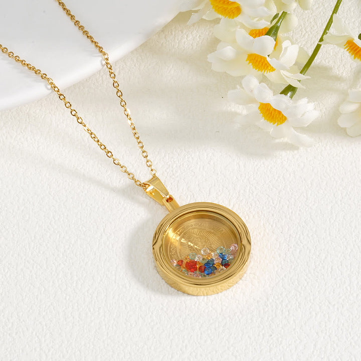 Gold Round Reversible Necklace: Our Lady and St. Benedict
