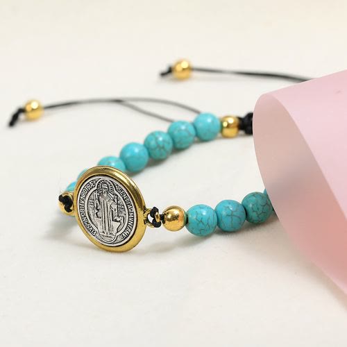 Turquoise St. Benedict Prayer Blessing Beaded Bracelet