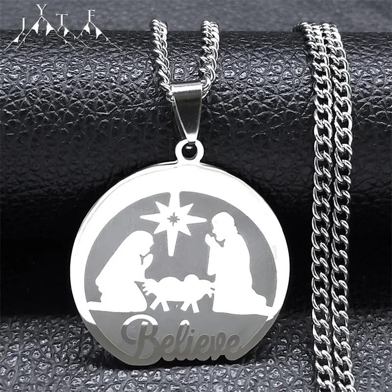 Silver Nativity Believe Christmas Gift Necklace