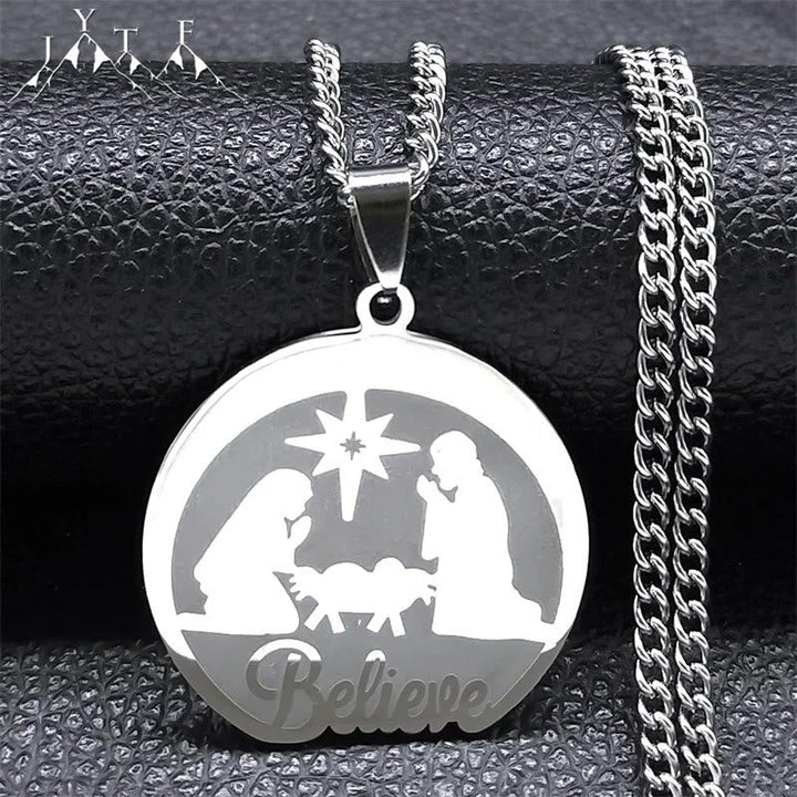 Silver Nativity Believe Christmas Gift Necklace