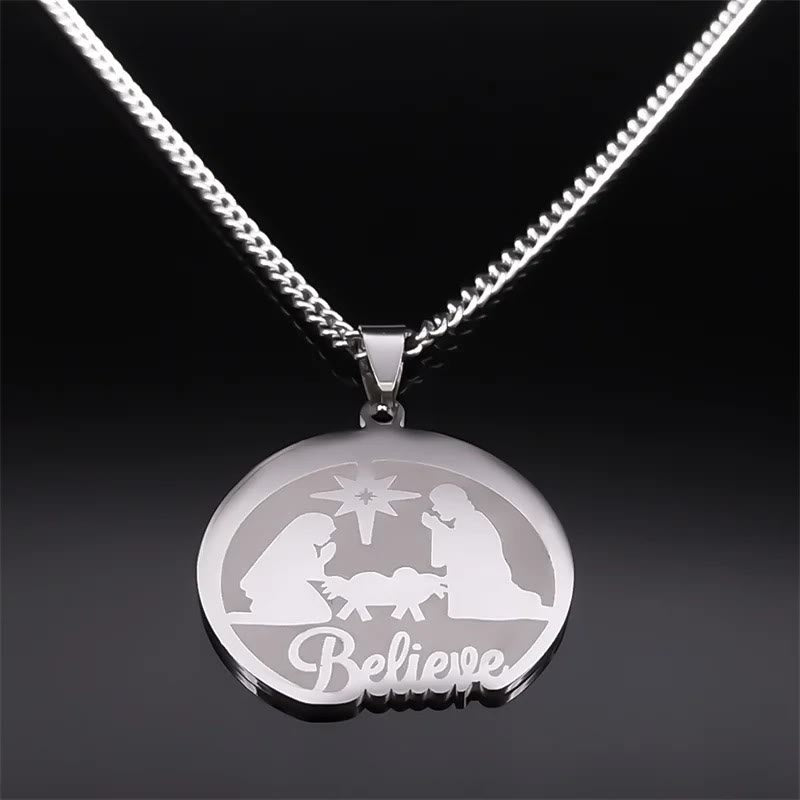Silver Nativity Believe Christmas Gift Necklace