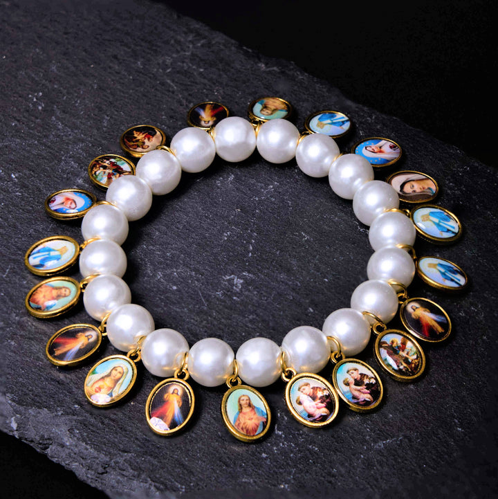 Retro Style Saint Jesus Mary Medals Cross Pearl Bracelet