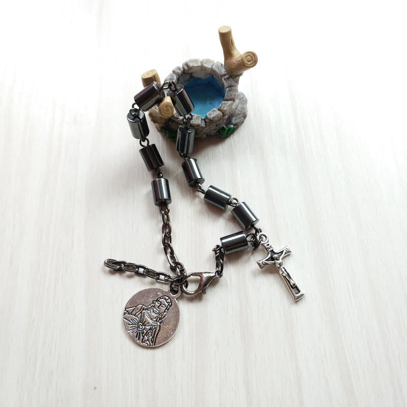 Jesus Sacred Heart & Crucifix Hematite Simplicity Bracelet