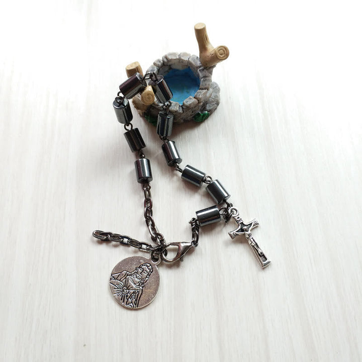 Jesus Sacred Heart & Crucifix Hematite Simplicity Bracelet